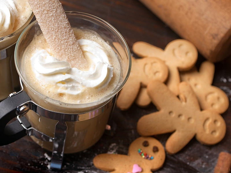 COLD NIGHTS-SWEET TREATS, cookies, coffee, gingerbread, christmas, creamy latte, refreshment, HD wallpaper