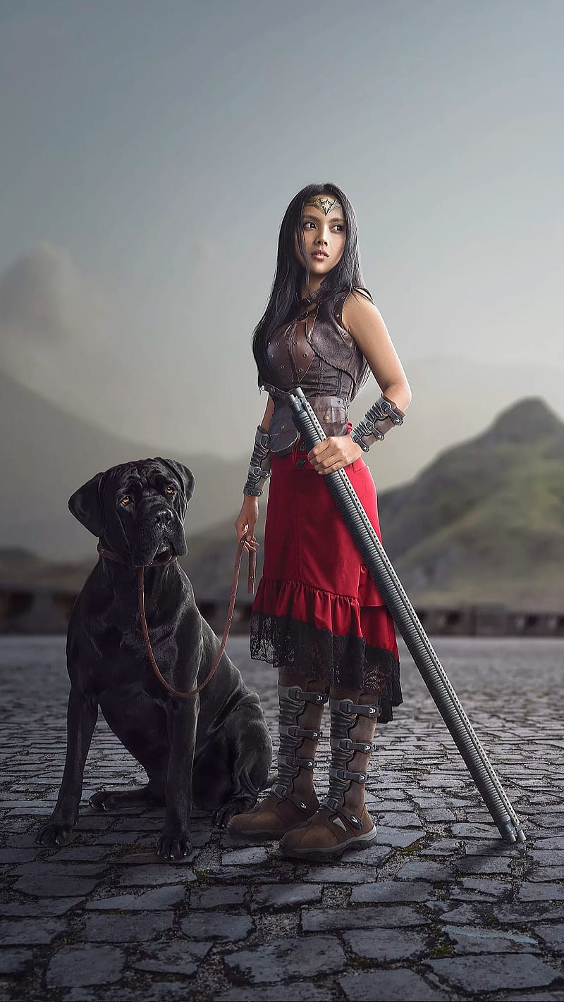 The last warrior, black dog, dog, female warrior, girl, red, sword, warrior, HD phone wallpaper