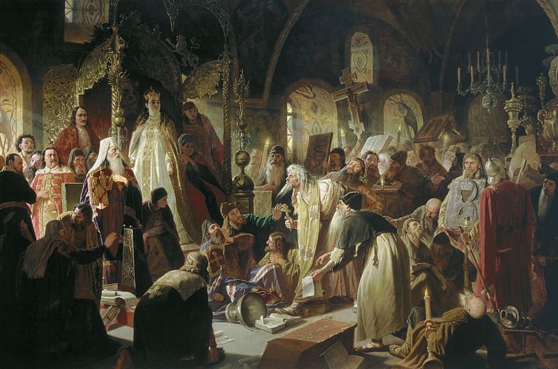 Dispute on the Confession of Faith by Nikita Pustosviat - 1881, art, painting, pictura, rural life, dispute on the confession of faith, people, nikita pustosviat, HD wallpaper