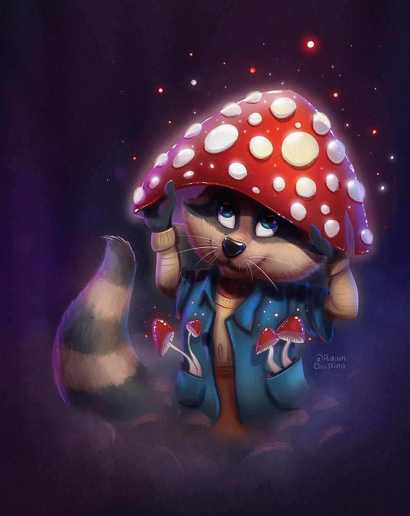 raccoon, mushroom, fly agaric, cute, art, HD phone wallpaper