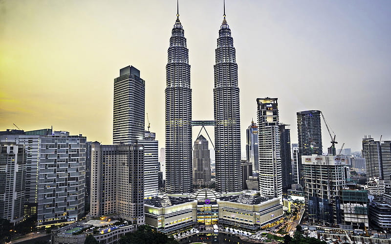Kuala Lumpur, morning, sunrise, skyscrapers, Petronas Towers, metropolis, modern architecture, Malaysia, HD wallpaper