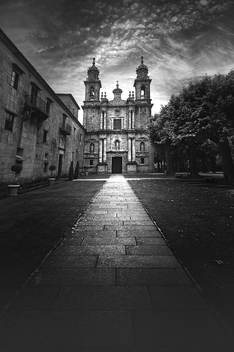trail, bell tower, tower, building, black and white, HD phone wallpaper