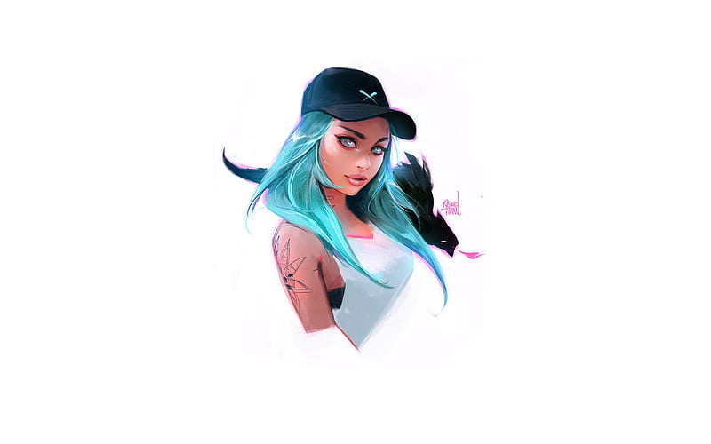 Blue Hair Cap Girl, artist, artwork, HD wallpaper