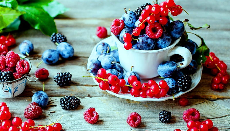 Berries, coffee cups, fruits, plum, currant, berry, cup, currants, plate, cups, plums, HD wallpaper