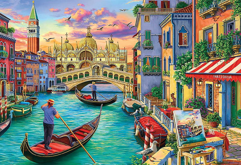 Sights of Venice, restaurant, canal, bridge, houses, people, dome, rialto, artwork, boats, digital, HD wallpaper