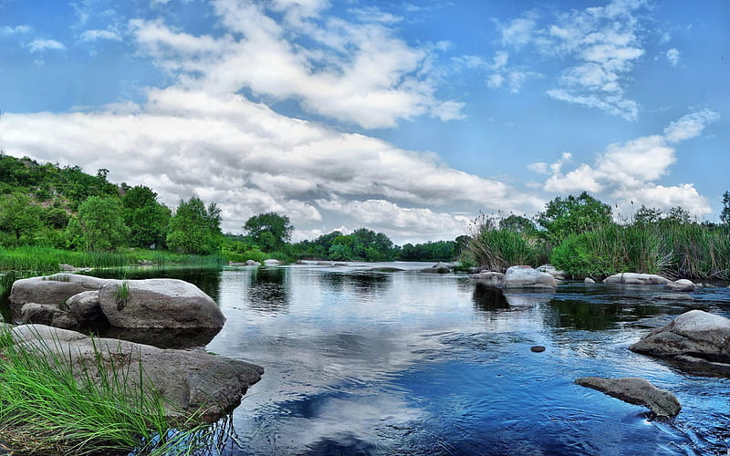 blue sky and river-river bank landscape graphy, HD wallpaper