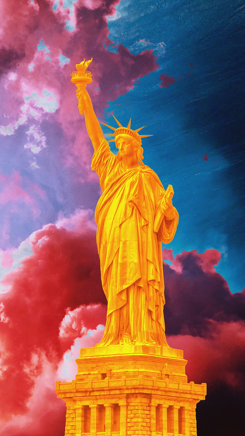 Liberty, Dorian, abstract, aesthetic, clouds, colorful, gold, ocean, red, sky, statue, vaporwave, HD phone wallpaper