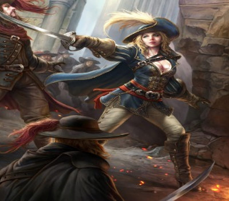 A Daughter Of A Musketeer, woman, sword fight, men, rapier, HD wallpaper