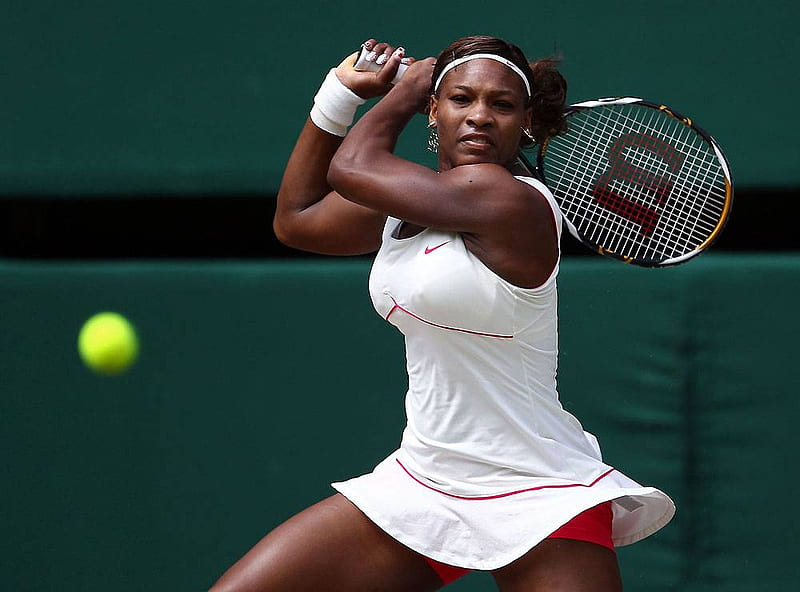 Serena Williams in Action, Wilson racket, red, dress, piping, serena williams, wimbledon, tennis, England, 2010, ball, green, Floridian, july, white dress, player, racket, African American, HD wallpaper
