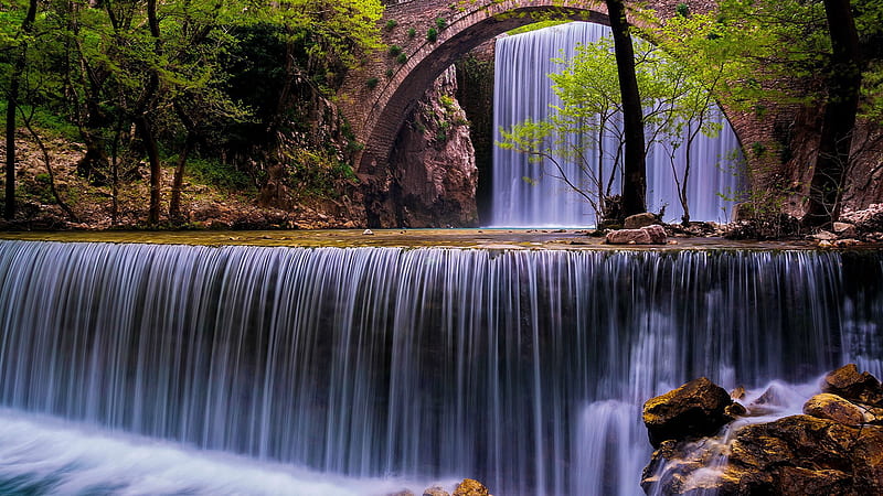 Spring feast, bridge, feast, waterfall, bonito, spring, river, trees, rocks, stones, Greece, HD wallpaper