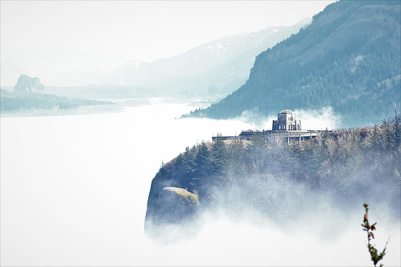 Crown Point, view point, Columbia River Gorge, Morning, Fog, Gorge, Nature, Beauty, Castle, HD wallpaper