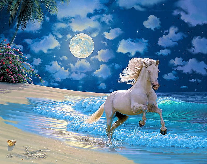 Moonlit Dancer, beacht, clouds, horse, sky, artwork, sea, palms, moon, painting, HD wallpaper