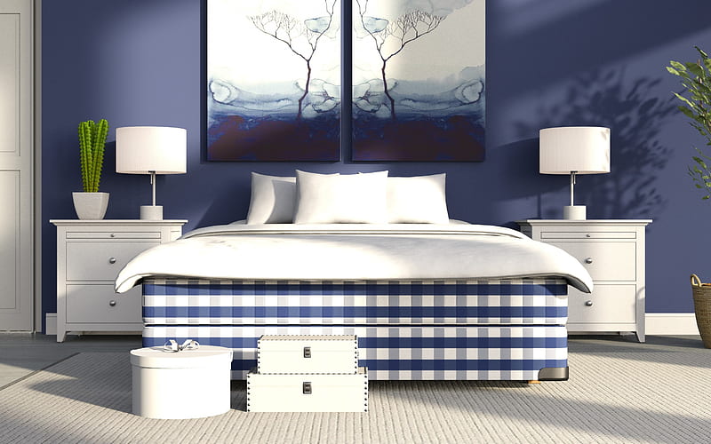 stylish bedroom, blue colors, bedroom design, modern interior design, blue bed, HD wallpaper
