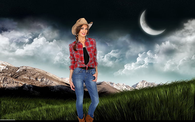Rocky Top Cowgirl.., female, models, hats, cowgirl, boots, ranch, fun, outdoors, women, brunettes, moon, girls, fashion, western, style, HD wallpaper