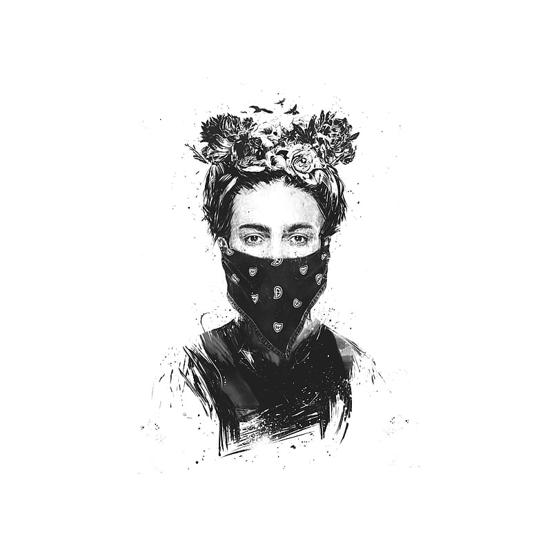 Rebel girl, Balazs, Frida, black and white, drawing, flowers, girl power, nature, portrait, scarf, HD phone wallpaper
