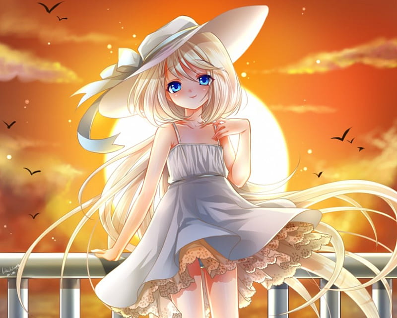 kawaii anime beautiful girl, long blonde shimmering