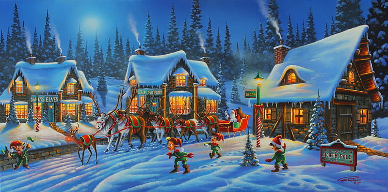 Santa's on his way, dusk, bonito, eve, lights, painting, village, way, art, holiday, christmas, houses, fun, joy, winter, santa, snow, moonlight, HD wallpaper