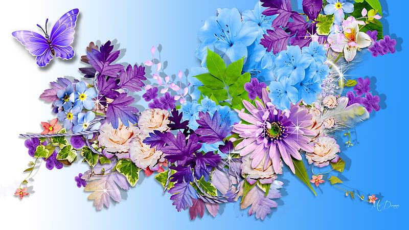 Summer Wonders, Firefox theme, spring, lavender, floral, leaves, butterfly, morning glory, summer, flowers, HD wallpaper