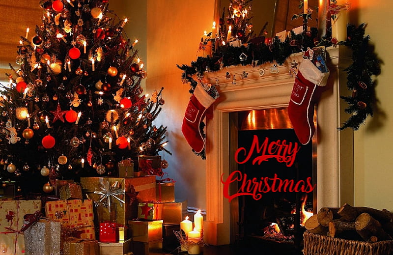 ~ ღ Merry Christmas ღ ~, architecture, Christmas, fireplace, Christmas tree, house, HD wallpaper