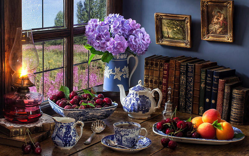 Food, Still Life, Book, Bowl, Fruit, Hydrangea, Lamp, Pitcher, Tea, HD wallpaper