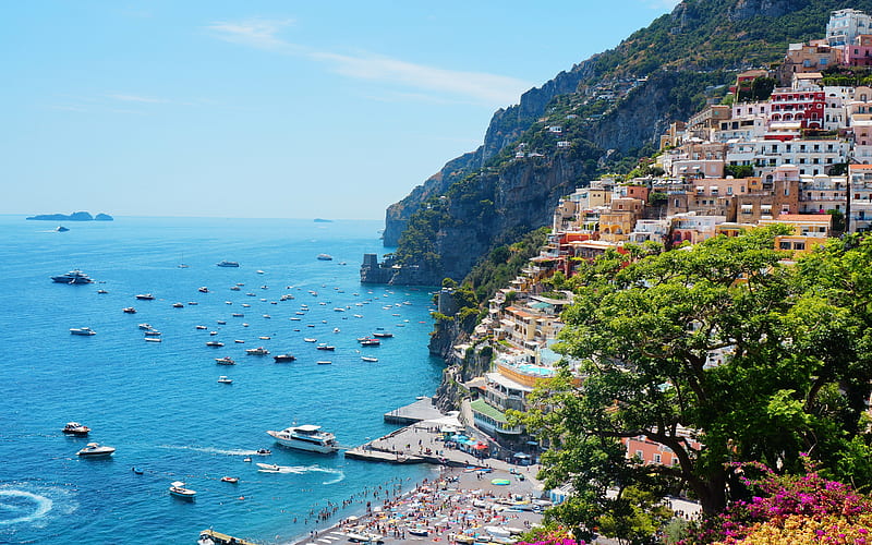 Ligurian coast, summer, seascape, Mediterranean Sea, La Spezia, Liguria, Italy, mountain landscape, HD wallpaper