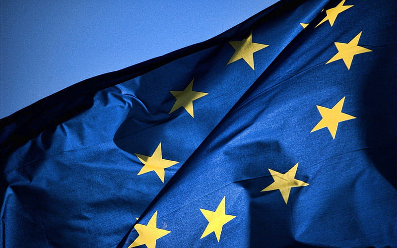EU flag, blue fabric flag, Flag of European Union, flag on sky background, Europe, HD wallpaper