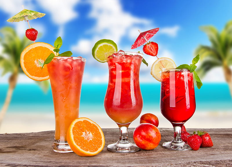 Tropical cocktails, vacation, cocktail, juice, strawberry, orange, fresh, fruits, palms, lime, beash, summer, ice, drink, tropical, HD wallpaper