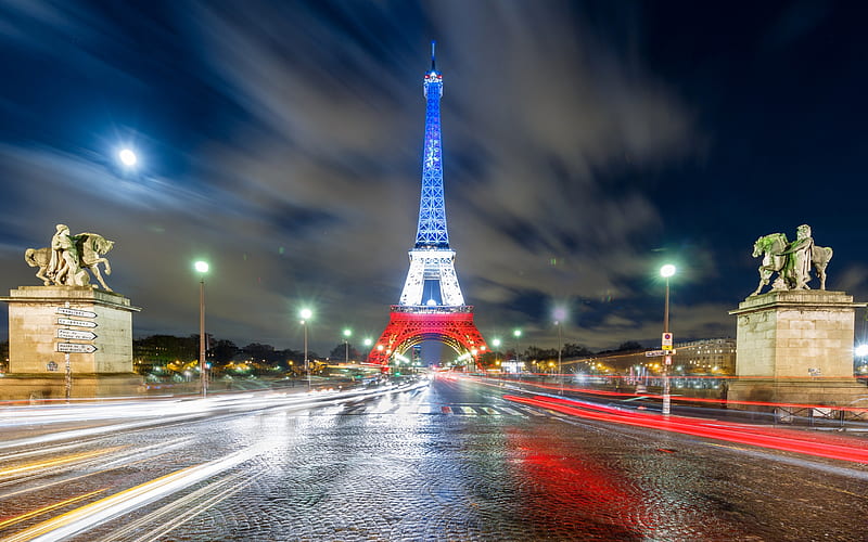France, Paris, night lights, Eiffel Tower, french flag, Europe, HD wallpaper