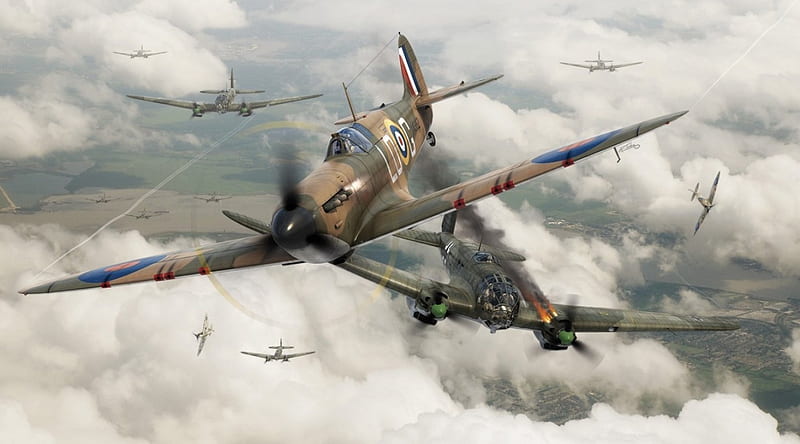 Battle of Britain Artwork, Sptifire, Artwork, Battle of Britain, Heinkel He 111, Art, World War Two, Supermarine Spitfire, HD wallpaper