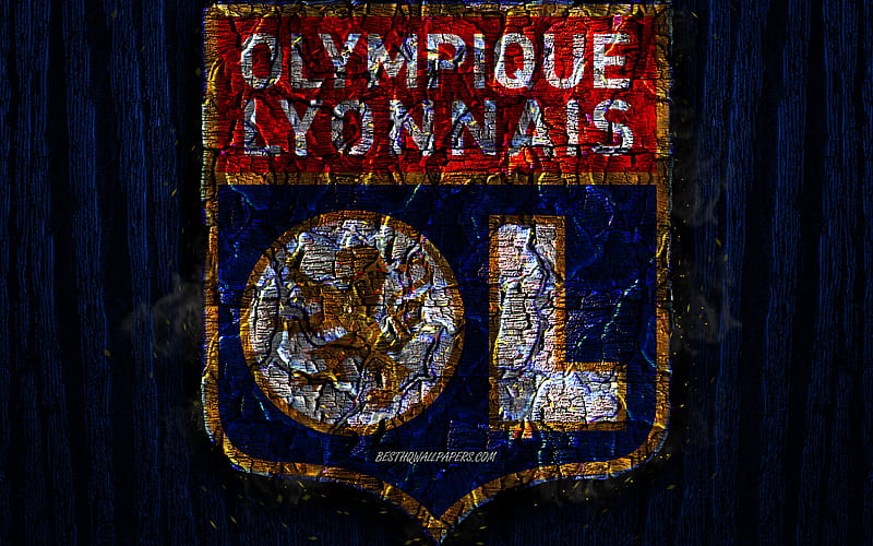 Olympique Lyonnais, scorched logo, Ligue 1, OL, blue wooden background, french football club, Lyon FC, grunge, football, soccer, Olympique Lyonnais logo, fire texture, France, HD wallpaper