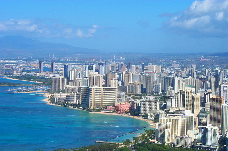 View over Waikiki and Honolulu Oahu Hawaii from Diamond Head Volcanic Crater, sea, pink palace hotel, beach, waikiki, sand, city, oahu, view, ocean, cityscape, hawaii, vista, skyscrapers, royal hawaiian, paradise, honolulu, coastline, bay, tropical, coast, HD wallpaper