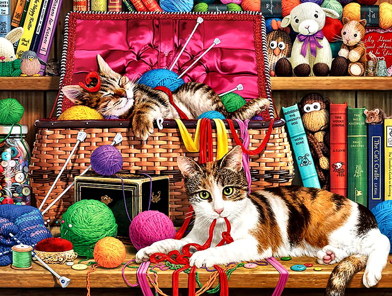 Comfy Spot F1, Wysocki, art, books, Charles Wysocki, bonito, pets, artwork, animal, feline, yarn, needles, basket, painting, wide screen, cats, HD wallpaper