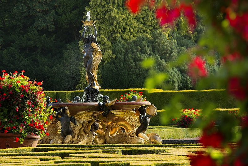Blenheim palace-Italian garden, fountain, lovely, bonito, palace, trees, statue, italian, summer, flowers, garden, HD wallpaper