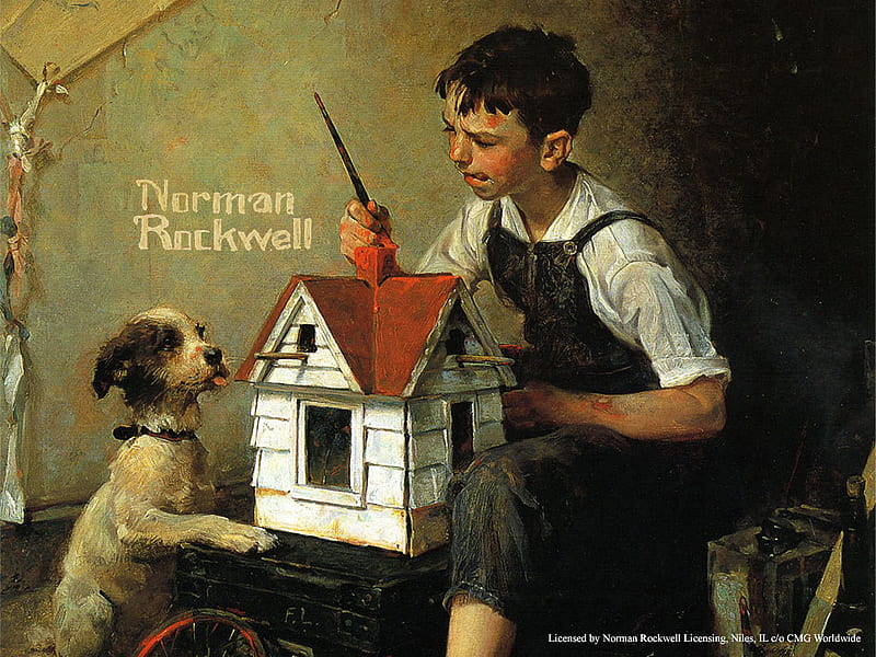 Making The Perfect Birdhouse, boy, dog house, norman rockwell painting, dog, HD wallpaper
