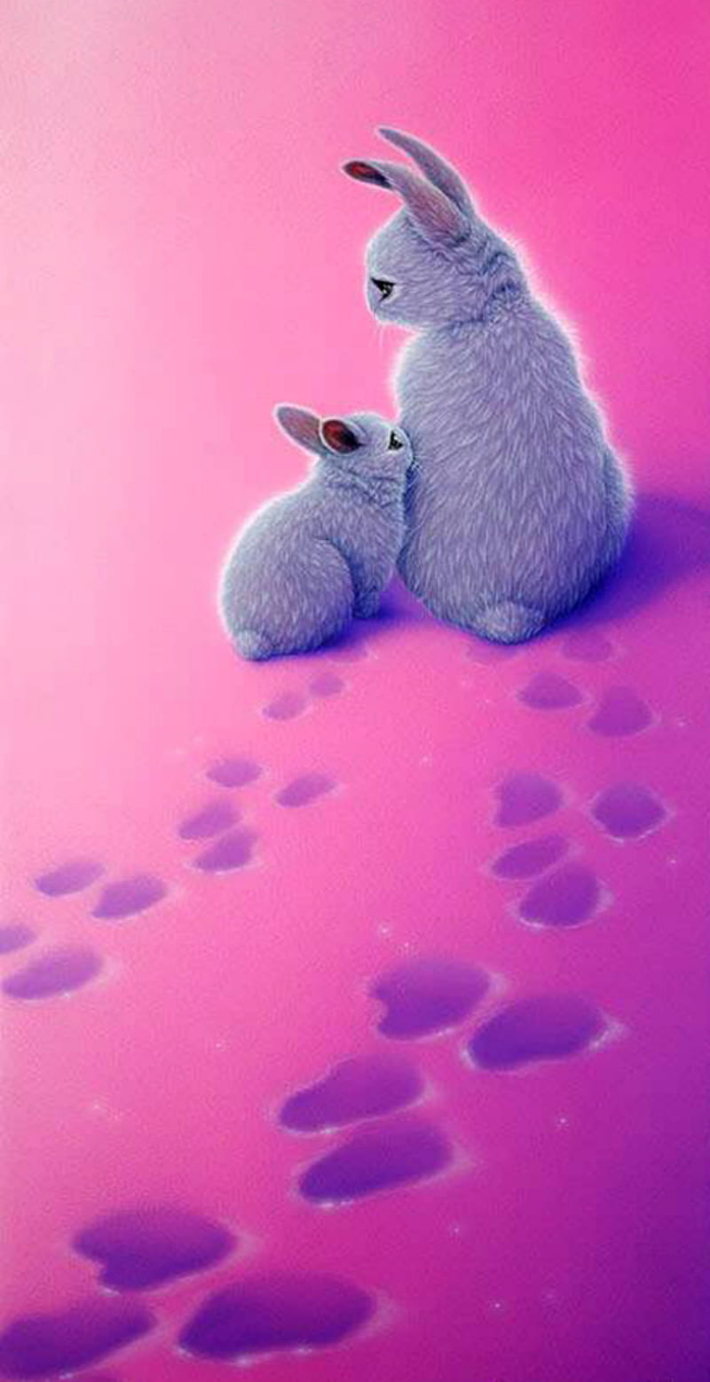 Momma and baby, bunnies, bunny, snow, prints, pink, cute, animals