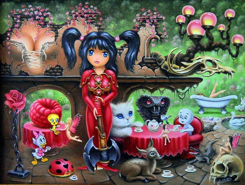 ★Annual Tea Party★, fantasy arts, splendid, attractions in dreams, bonito, fantasy, paintings, flowers, girls, butterfly designs, traditional art, friends, animals, annual, lovely, creative pre-made, weird things people wear, tea party, HD wallpaper