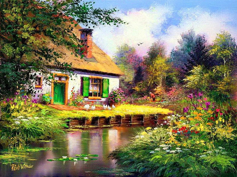 Rural paradise, stream, pretty, house, shore, cottage, cabin, bonito, relection, nice, painting, village, flowers, river, rural, art, rustic, lovely, greenery, lilies, creek, sky, trees, lake, pond, tree, paradise, plants, nature, HD wallpaper