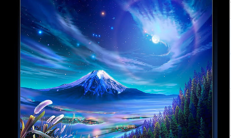 BLUE VOLCANO, mountain, stars, moon, clouds, volcano, sky, blue, night, HD wallpaper