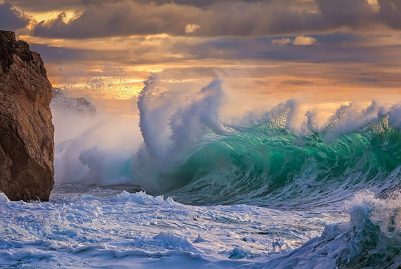 Crashing Waves, rock, crashing, bonito, sunset, waves, sea, blue, HD wallpaper