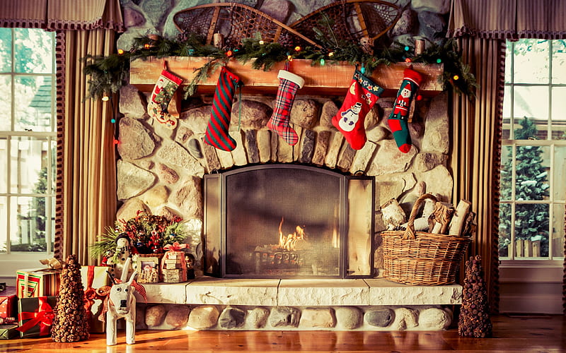 fireplace, Christmas, flame, fire, country house, New Year, decoration, HD wallpaper