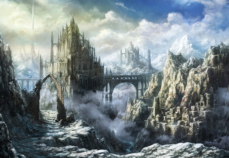 Castle, tomaknights, fantasy, luminos, anime, manga, ruin, palace, HD wallpaper