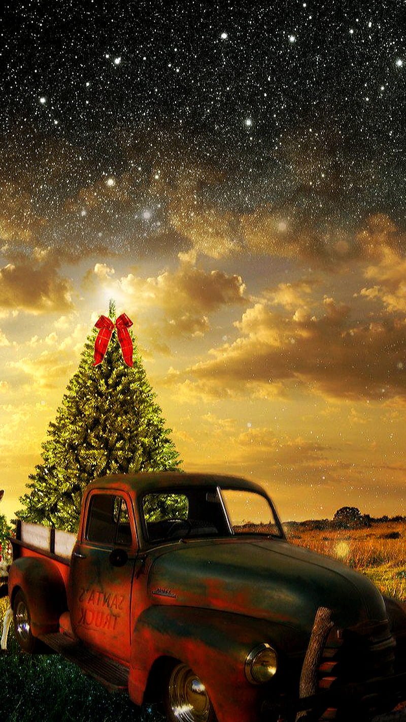 Christmas is coming, auto, new, pickup, sky, star, tree, year, HD phone wallpaper