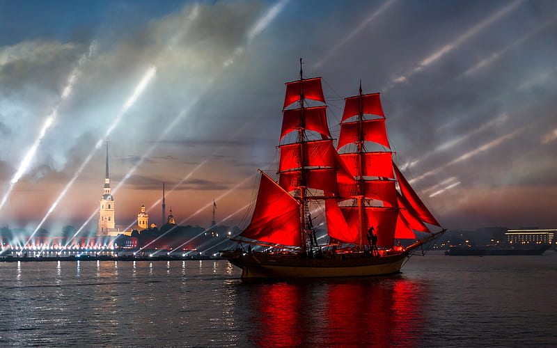 Tall Ship in St. Petersburg, river, Russia, night, tall ship, Saint Petersburg, lights, HD wallpaper