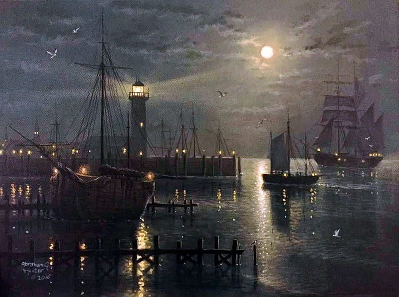 Harbor Evening, ships, moon, painting, clouds, sky, artwork, lighthouse, HD wallpaper