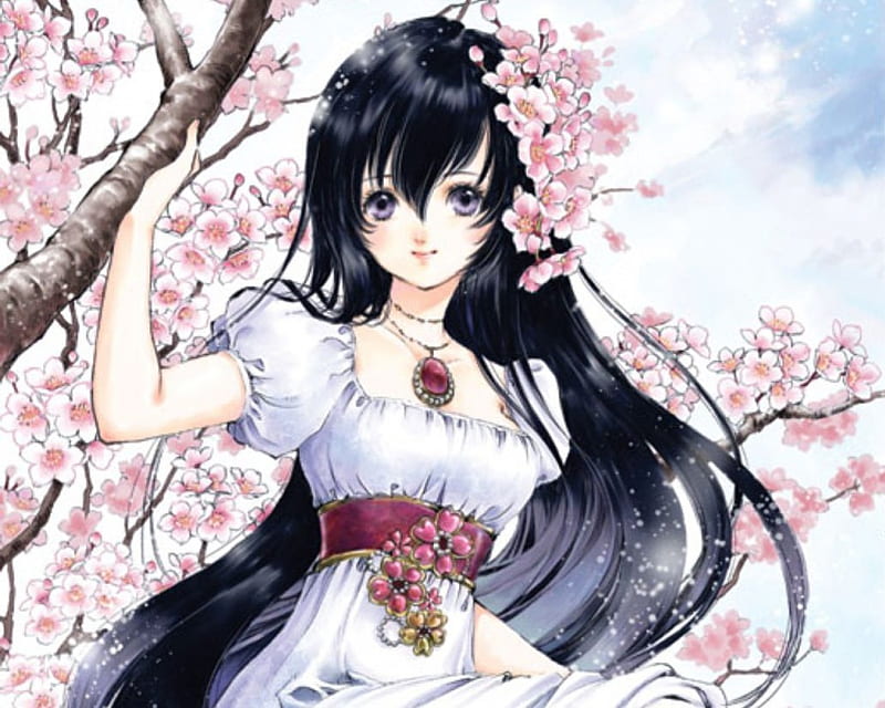 ~❀ADORE❀~, pretty, adorable, magic, branch, women, sweet, floral, cherry blossom, fantasy, love, anime, royalty, flowers, beauty, anime girl, gems, jewel, purple eyes, long hair, locket, sakura, lovely, gown, amour, sexy, jewelry, cute, maiden, dress, divine, sakura blossom, adore, bonito, sublime, woman, blossom, gemstone, hot, black hair, gorgeous, female, exquisite, necklace, kawaii, tree, girl, flower, precious, magical, petals, lady, angelic, HD wallpaper