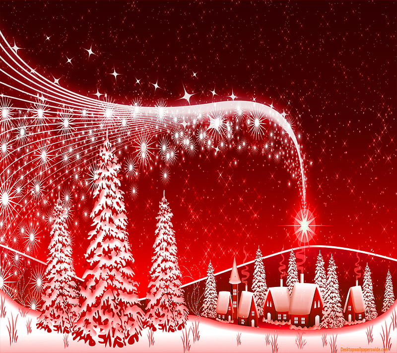 merry christmas, festive, red, stars, town, trees, village, white, xmas, HD wallpaper