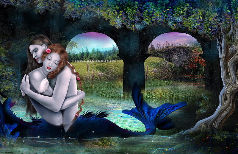 Alcove des Sirenes, softness beauty, digital art, lovers, fantasy, beautiful girls, manipulation, love, flowers, sirenes, couple, models, creative pre-made, Arch of sirenes, arch, hugs, weird things people wear, mermaids, backgrounds, HD wallpaper
