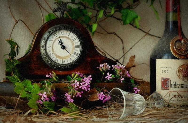 Still life, bottle, clock, abstract, old, small, glass, graphy, flowers, drink, vintage, HD wallpaper