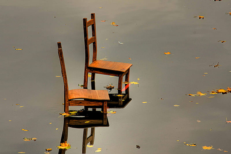 Complicated, silent, lakes, special, autumn, background, place, abstract, leaves, water, fraphy, chairs, wood, HD wallpaper
