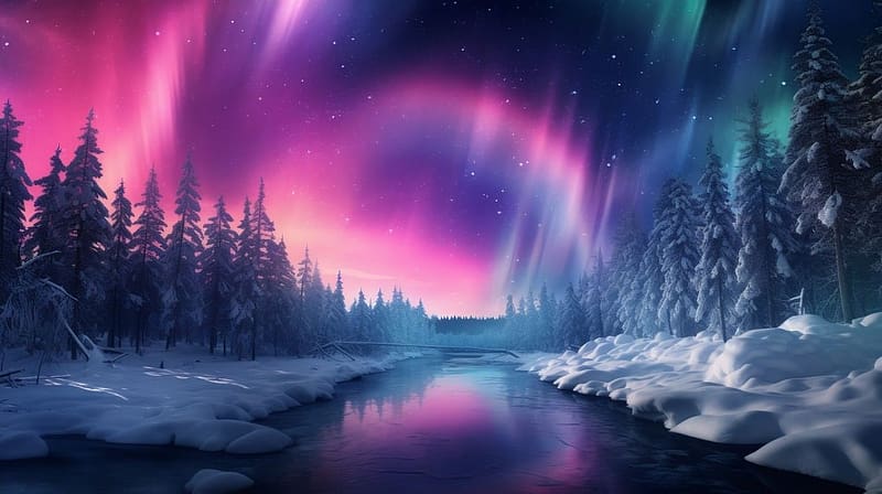 Colorful Aurora Borealis, fak, varazslatos taj, ho, szines, aurora borealis, tajkep, ejszaki feny, teli, varazslatos, fenyo fa, szepseg, havas, HD wallpaper